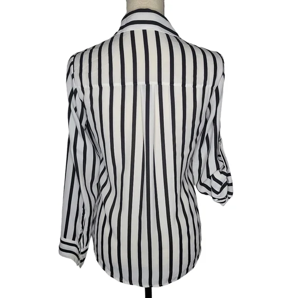 Express White and Black Striped Roll Tab Sleeve Button Front Blouse - Picture 6 of 7